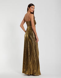 Thin Strap Pleated Metallic Gown With 3D Flower - Antique Gold