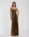 Mac Duggal Thin Strap Pleated Metallic Gown With 3D Flower #49905 Antique Gold