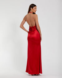 Fitted Satin Sleeveless Halter Gown With 3D Flower - Red