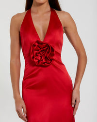 Fitted Satin Sleeveless Halter Gown With 3D Flower - Red