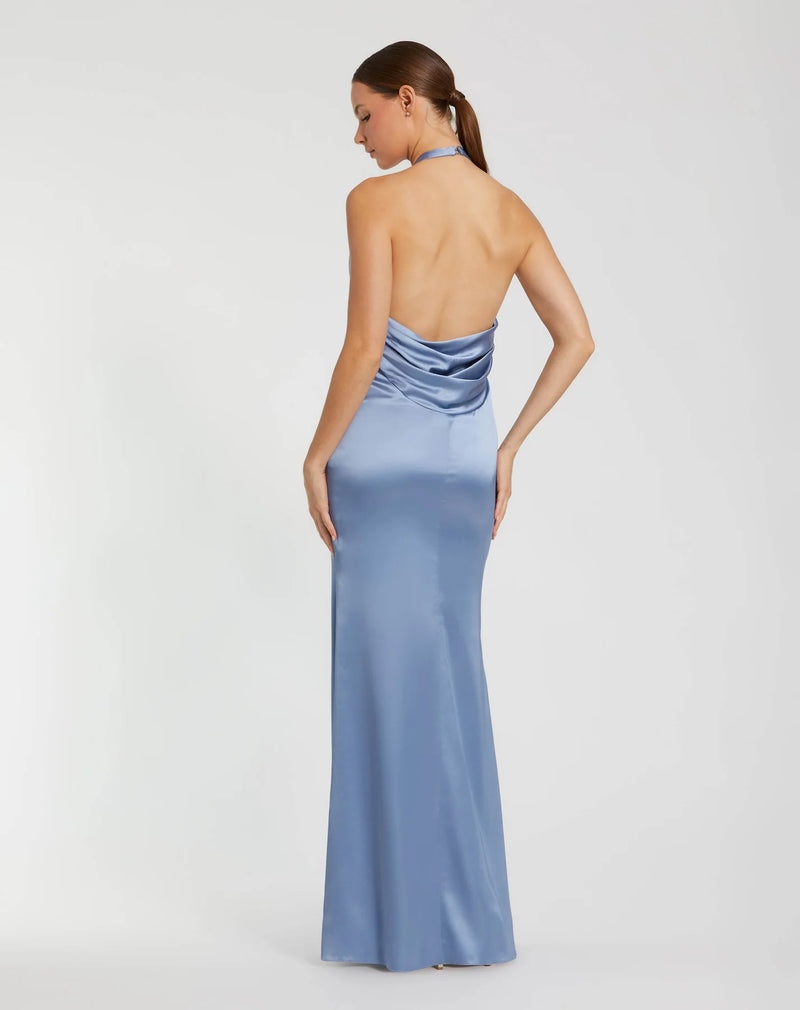 Fitted Satin Sleeveless Halter Gown With 3D Flower - Slate Blue