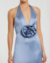 Fitted Satin Sleeveless Halter Gown With 3D Flower - Slate Blue