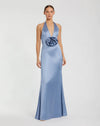 Mac Duggal #49913 Fitted Satin Sleeveless Halter Gown With 3D Flower Slate Blue