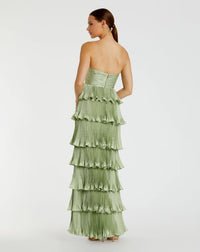 Pleated Charmeuse Strapless Tiered Ruffle Gown - Green