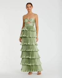 Mac Duggal Green Pleated Charmeuse Strapless Tiered Ruffle Gown #49981 Sage