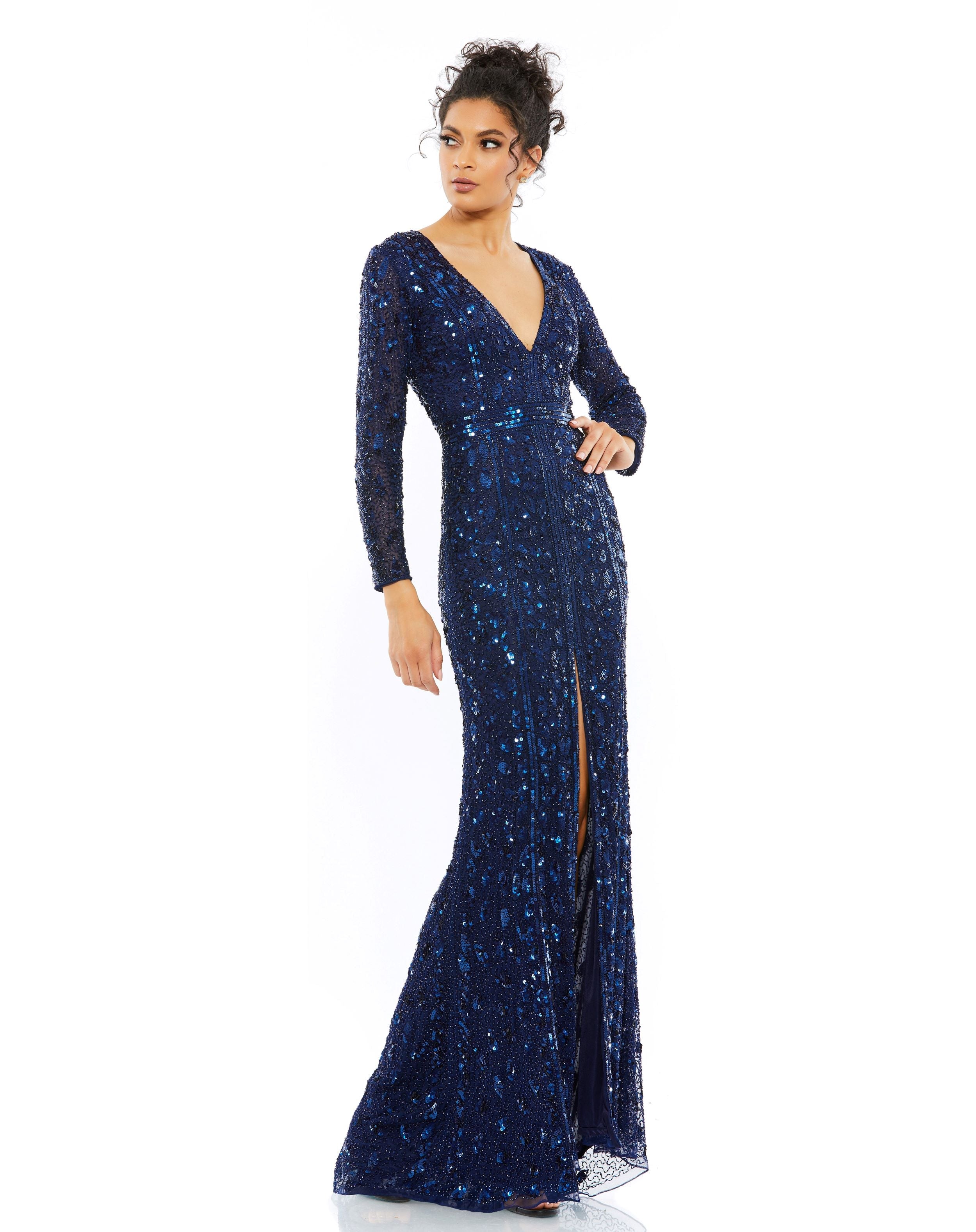 Embellished Long Sleeve Sequin Gown Midnight