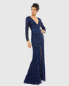 Mac Duggal #5002 Embellished Front Slit Long Sleeve Gown Navy Blue 