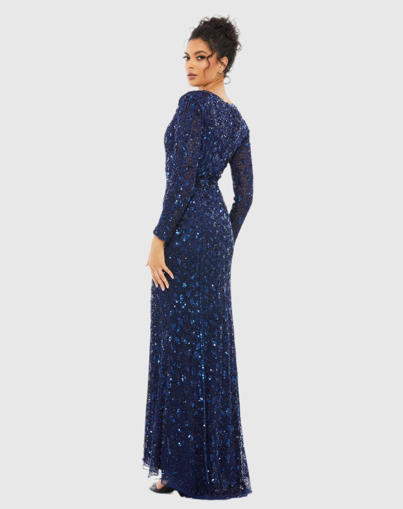 Embellished Long Sleeve Sequin Gown - Midnight