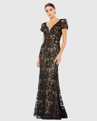 Mac Duggal #50644, Lace Plunge Short Sleeve Trumpet Gown - Black | 