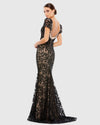 Lace Plunge Short Sleeve Trumpet Gown - Black