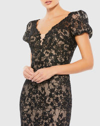 Lace Plunge Short Sleeve Trumpet Gown - Black