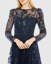 Embroidered Illusion High Neck A Line Dress - Navy