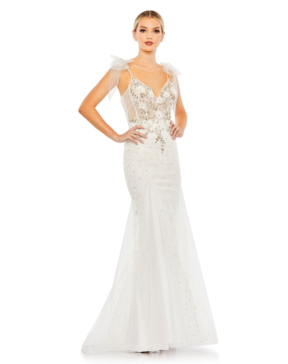 mac duggal, Embellished Sleeveless Bow Detail Mermaid Gown - White Gold, Style #50666