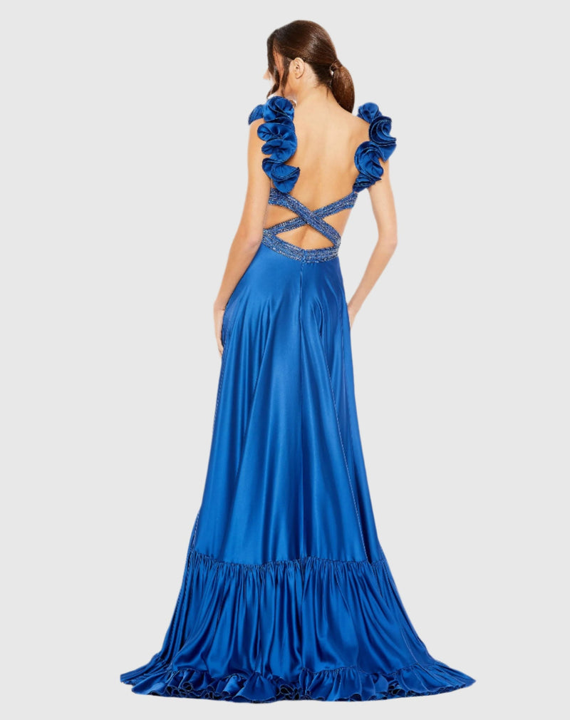 Beaded Ruffle Cut Out Gown - Royal Blue