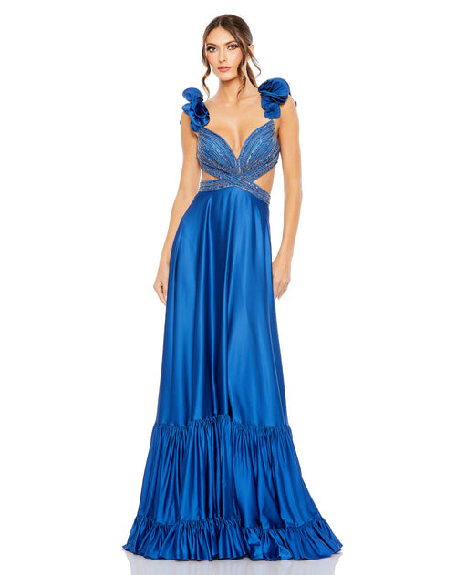 Beaded Ruffle Cut Out Gown - Royal Blue