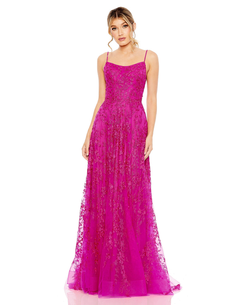 Mac Duggal #50683 Floral Applique Cami Gown - Fuchsia