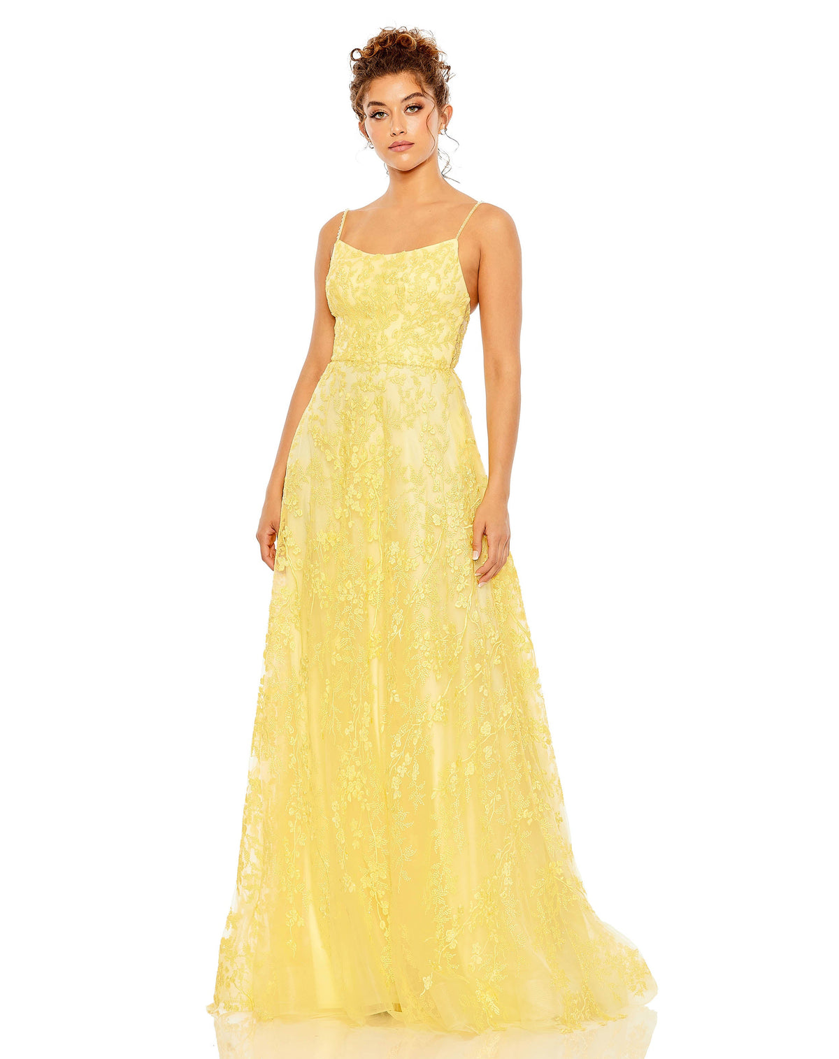 Mac Duggal #50683 Floral Applique Cami Gown - Yellow