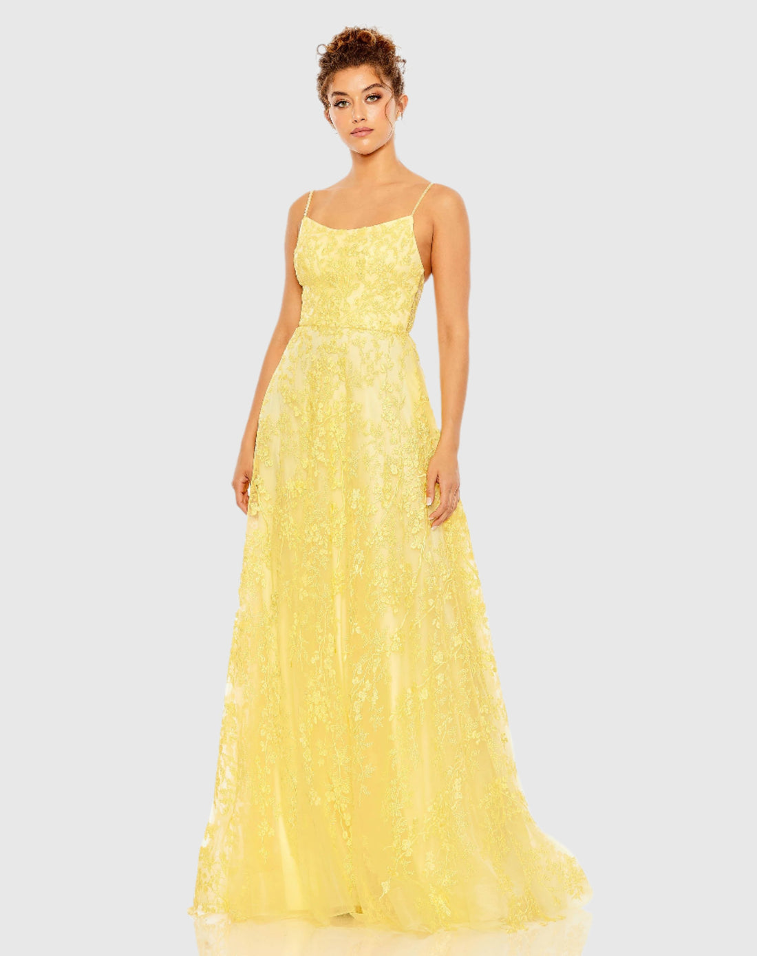 Mac Duggal #50683 Floral Applique Cami Gown - Yellow | Shaide 