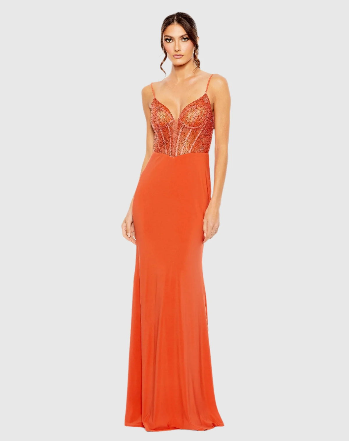 Mac Duggal #50709 Sweetheart mesh corset embellished gown, Orange