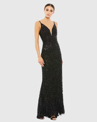 Mac Duggal Black Embellished Leaf Evening Gown #5107 Black Sequin 