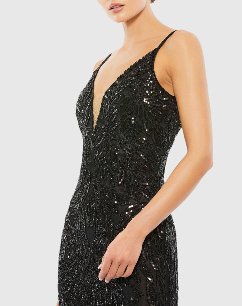 Black Embellished Leaf Evening Gown - Black