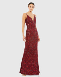 Embellished Leaf Evening Gown - Burgundy