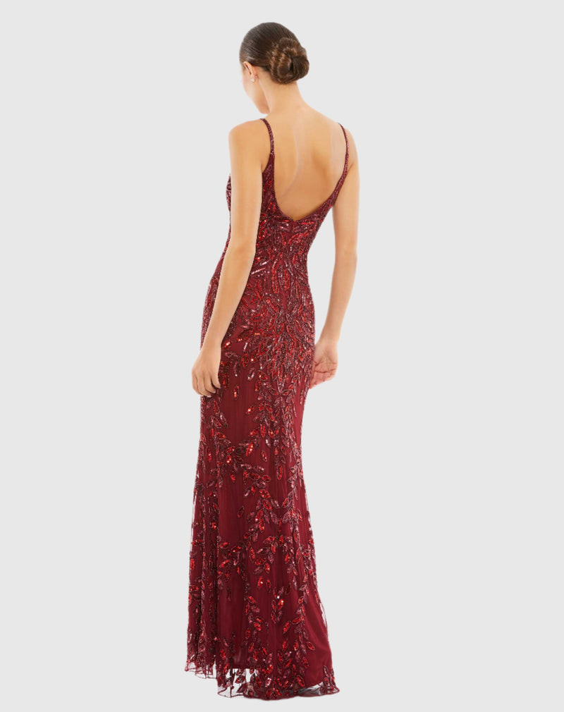 Embellished Leaf Evening Gown - Burgundy