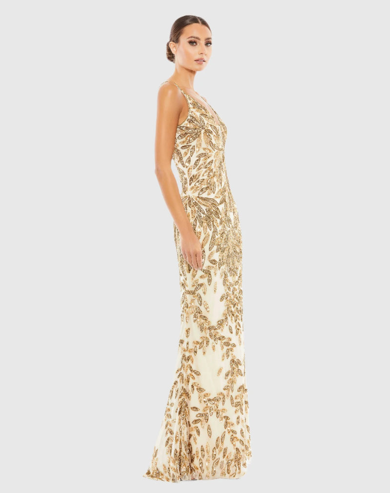 Embellished Leaf Evening Gown - Nude Gold