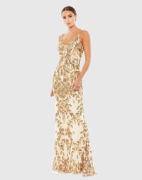 Embellished Leaf Evening Gown - Nude Gold