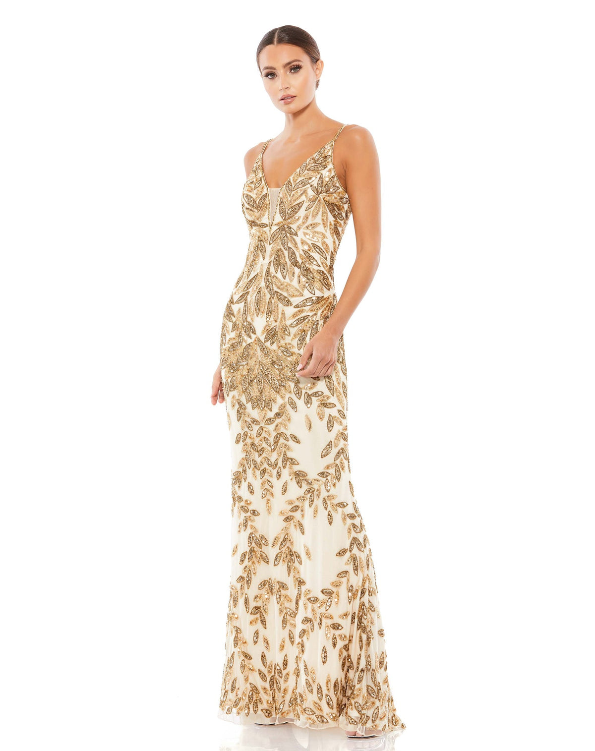 Mac Duggal #5107 Embellished Lead Evening Gown - Nude Gold