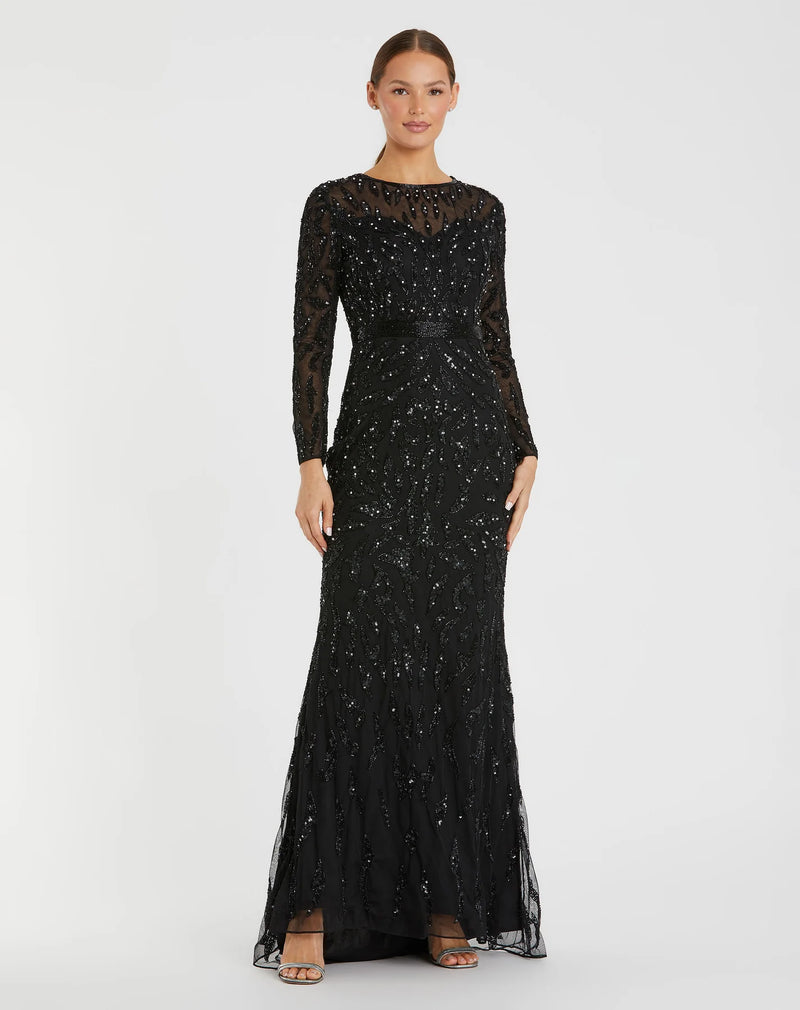 Beaded long sleeve evening gown - Silver