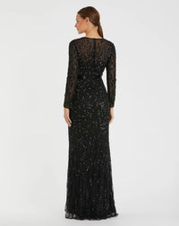 Beaded long sleeve evening gown - Silver