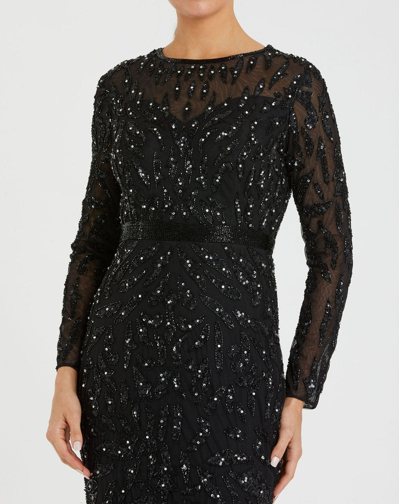 Beaded long sleeve evening gown - Black