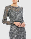 Beaded long sleeve evening gown - Silver