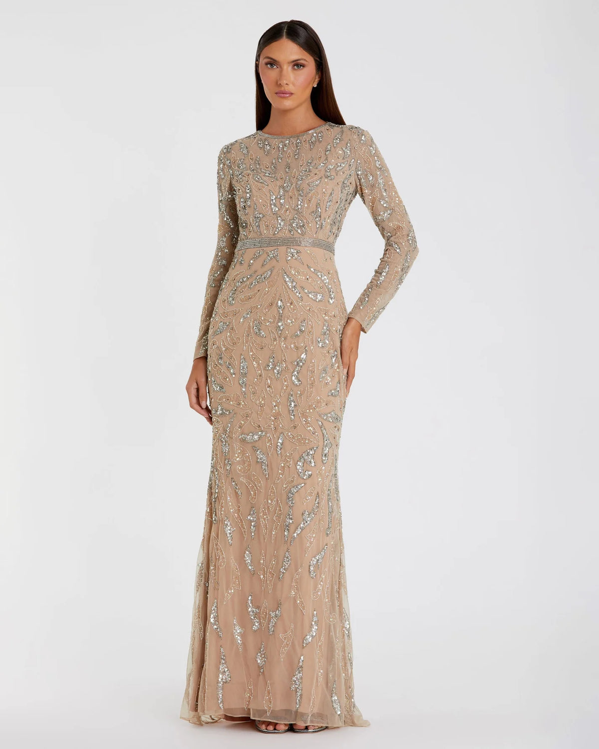 Mac Duggal, Beaded long sleeve evening gown, Mocha #5124