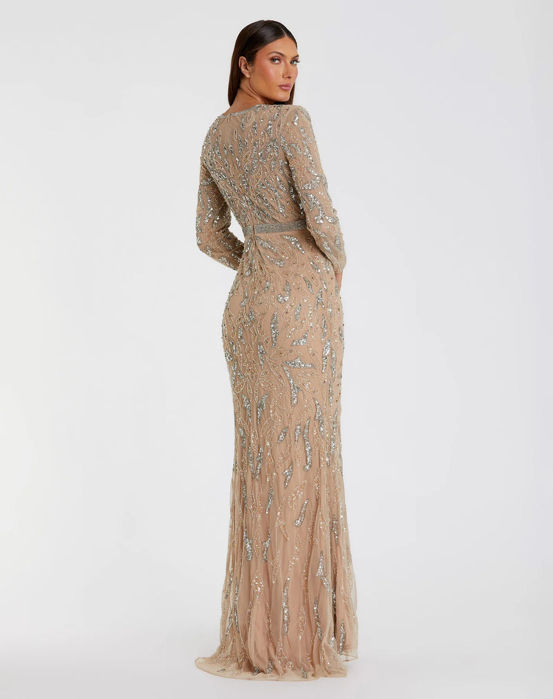 Beaded long sleeve evening gown - Silver