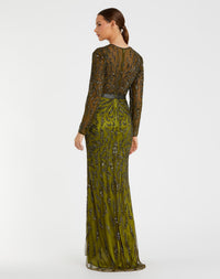 Olive Green Beaded Long Sleeve Evening Gown - Olive