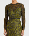 Olive Green Beaded Long Sleeve Evening Gown - Olive