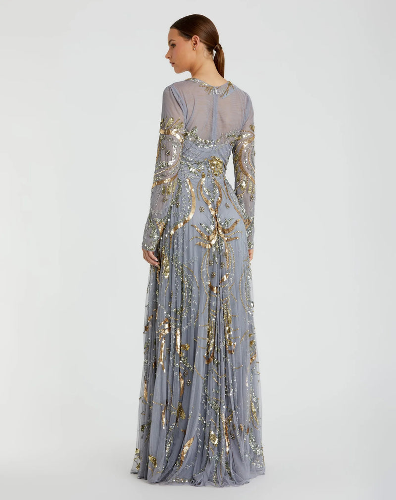 Long sleeve embellished modest evening gown - Midnight Navy