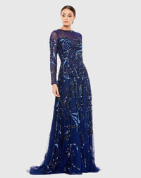 Mac Duggal, Long sleeve embellished modest evening gown - Midnight Navy #5217