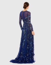 Long sleeve embellished modest evening gown - Midnight Navy