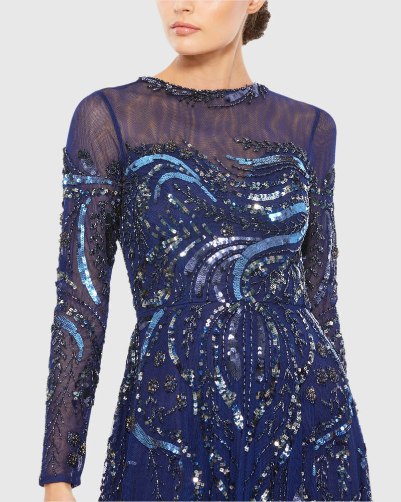 Long sleeve embellished modest evening gown - Midnight Navy