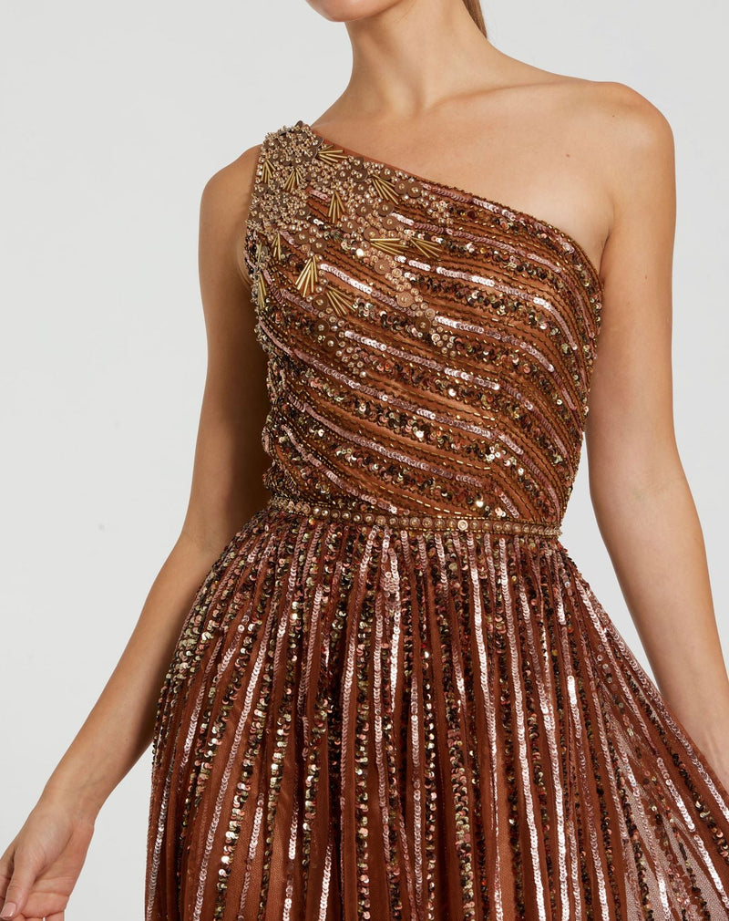 Embellished One Shoulder A-Line Gown - Copper