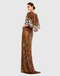 Sequin V Neck Floral Cape Gown - Platinum