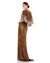 mac duggal, SEQUINED V NECK FLORAL EMBELLISHED CAPE SLEEVE GOWN, chocolate brown,  Style #5221 back view