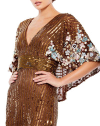 mac duggal, SEQUINED V NECK FLORAL EMBELLISHED CAPE SLEEVE GOWN, chocolate brown, Style #5221 close up