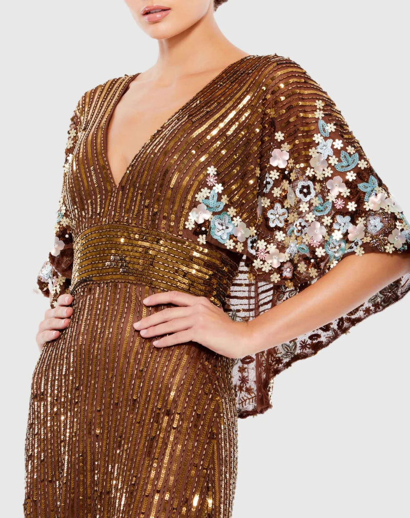 Sequin V Neck Floral Cape Gown - Chocolate