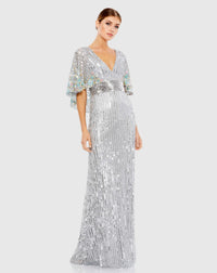 Mac Duggal, Sequin V Neck Floral Cape Gown - Platinum #5221 