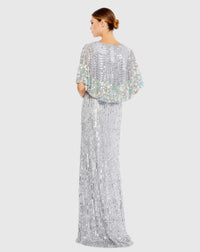 Sequin V Neck Floral Cape Gown - Platinum