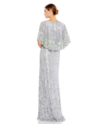 mac duggal, SEQUINED V NECK FLORAL EMBELLISHED CAPE SLEEVE GOWN, platinum silver, Style #5221 back 